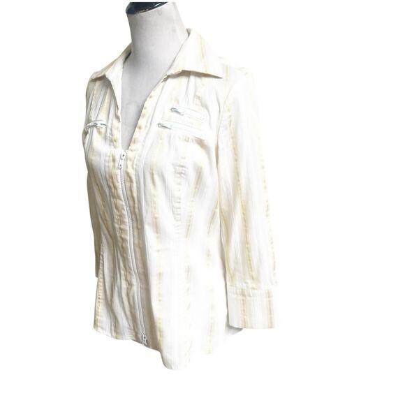 Cache Vintage Y2K Zipper Front Shirt Metallic Stripe Size Large Yellow White - Picture 4 of 14
